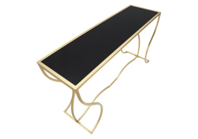 Console Sunshine – Métal doré et plateau verre noir 130x40x75 cm