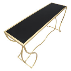 Console Sunshine – Métal doré et plateau verre noir 130x40x75 cm