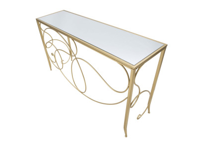 Console Art – Métal doré et plateau miroir 140x40x80 cm