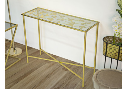 Console Papillons Verre – Métal doré et plateau verre 100x35x80 cm