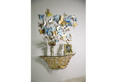 Console Murale Papillons – Métal doré et plateau verre 120x40,5x37,2 cm