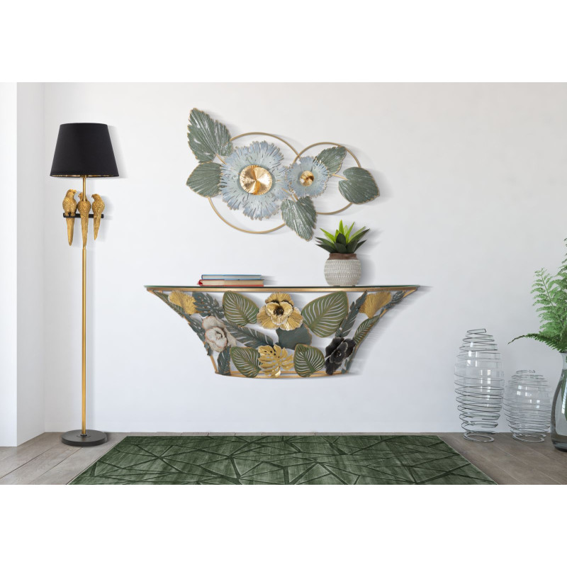 Console Murale Amaz – Métal doré et plateau verre multicolore 120x40,5x37,2 cm
