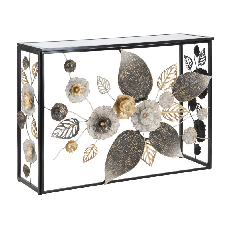 Console Glam Dark – Métal noir et plateau miroir multicolore 111,8x41,9x80 cm