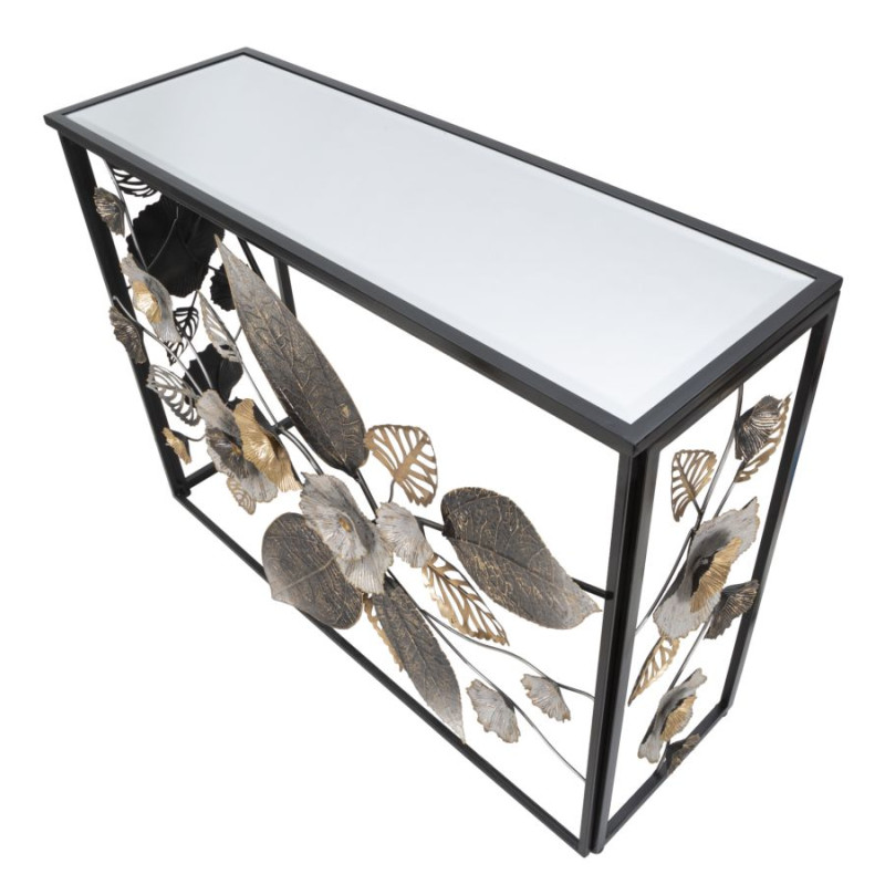 Console Glam Dark – Métal noir et plateau miroir multicolore 111,8x41,9x80 cm
