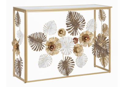 Console Glam Floris – Metal dourado e tampo espelhado multicolorido 113x40x80 cm