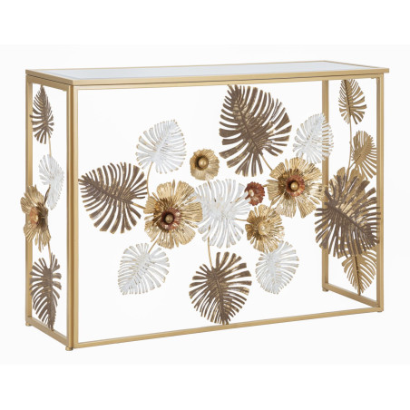 Console Glam Floris – Metal dourado e tampo espelhado multicolorido 113x40x80 cm
