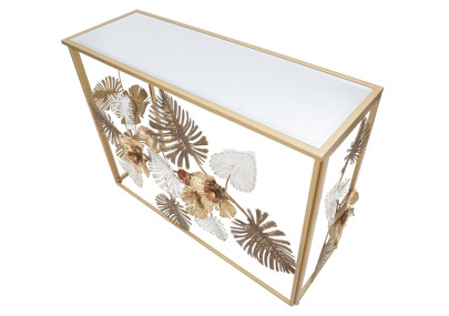 Console Glam Floris – Métal doré et plateau miroir multicolore 113x40x80 cm
