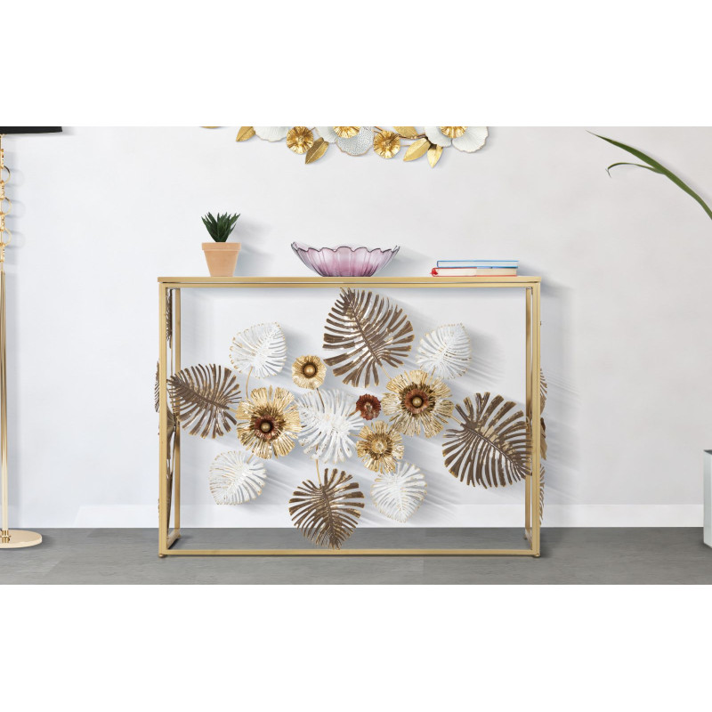 Console Glam Floris – Métal doré et plateau miroir multicolore 113x40x80 cm