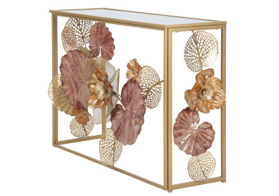 Console Glam Red – Métal doré et plateau miroir multicolore 114x41,5x80 cm