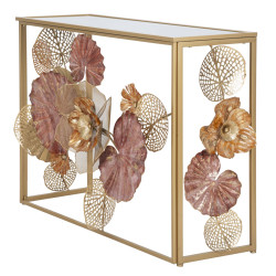 Console Glam Red – Métal doré et plateau miroir multicolore 114x41,5x80 cm