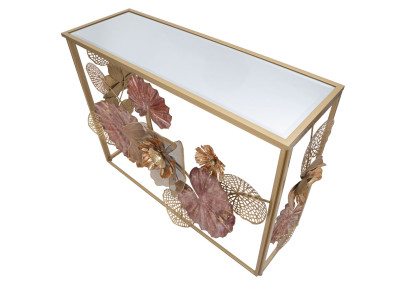 Console Glam Red – Métal doré et plateau miroir multicolore 114x41,5x80 cm