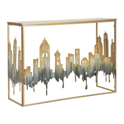 Console City – Métal doré, MDF et verre multicolore 110x38,5x81 cm