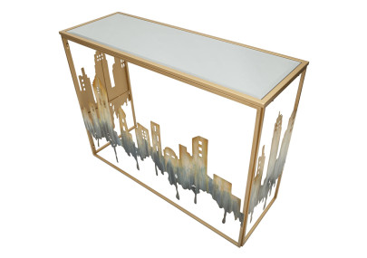 Console City – Métal doré, MDF et verre multicolore 110x38,5x81 cm