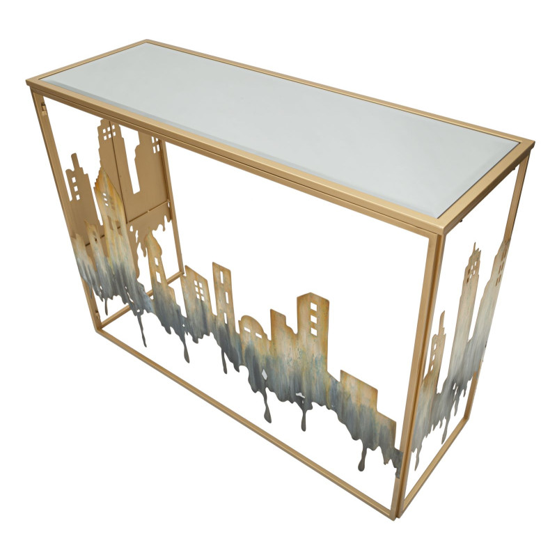 Console City – Métal doré, MDF et verre multicolore 110x38,5x81 cm