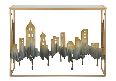 Console City – Métal doré, MDF et verre multicolore 110x38,5x81 cm