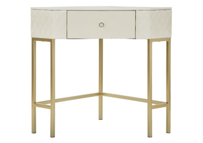 Console d’angle Sharon – Bois de pin, MDF, métal et plastique blanc et or 84,5x60x77 cm