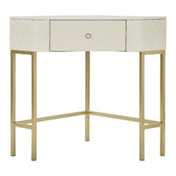 Console d’angle Sharon – Bois de pin, MDF, métal et plastique blanc et or 84,5x60x77 cm