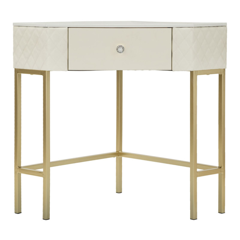 Console angolare Sharon – Pino, MDF, metallo e plastica bianco e oro 84,5x60x77 cm