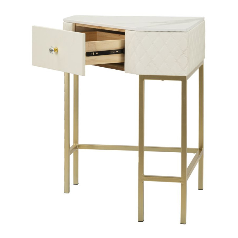 Console angolare Sharon – Pino, MDF, metallo e plastica bianco e oro 84,5x60x77 cm