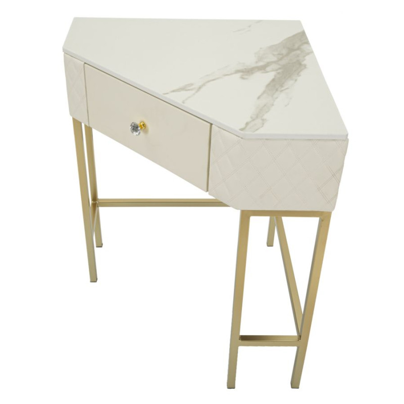 Console angolare Sharon – Pino, MDF, metallo e plastica bianco e oro 84,5x60x77 cm