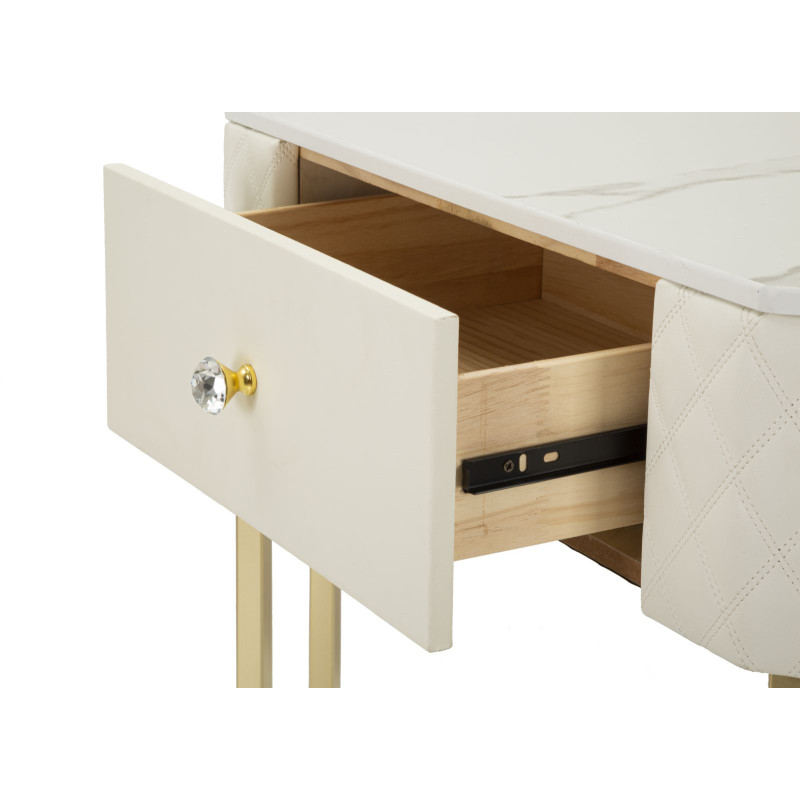 Console d’angle Sharon – Bois de pin, MDF, métal et plastique blanc et or 84,5x60x77 cm