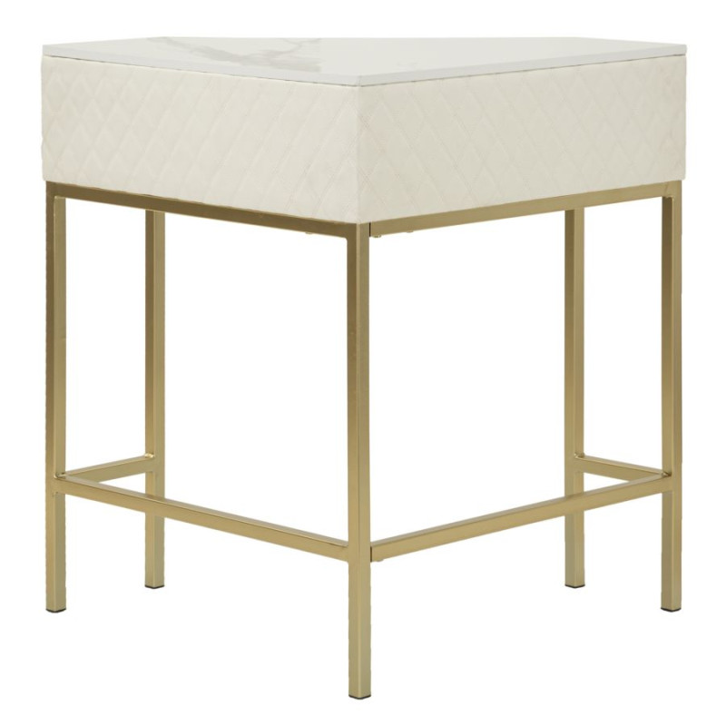 Console d’angle Sharon – Bois de pin, MDF, métal et plastique blanc et or 84,5x60x77 cm