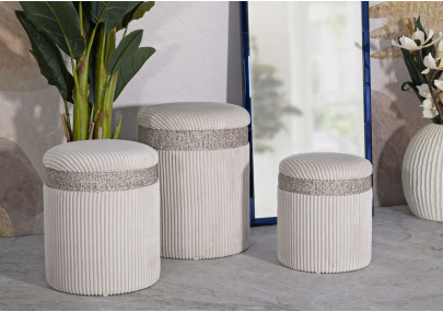 Pouf Coffre Cortina Crème – Élégance en Trio Ø40,5x49,5 - Ø35x42 - Ø31x38 cm