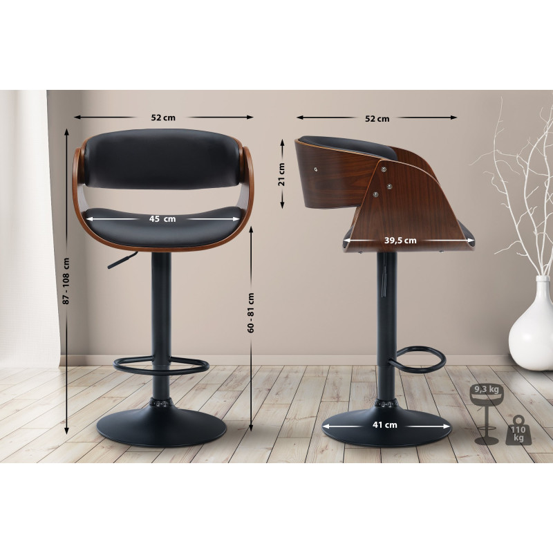 Tabouret de bar Portmore, similicuir, noir noyer/noir