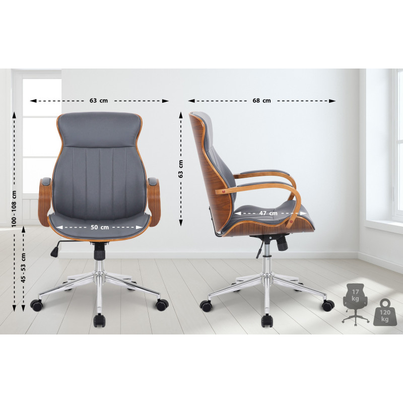 Chaise de bureau Melilla, similicuir, noyer/gris