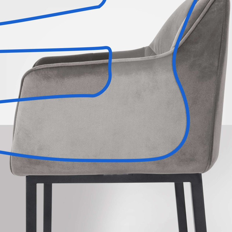 Tabouret de bar Damaso B en velours gris, piètement à 4 pieds.