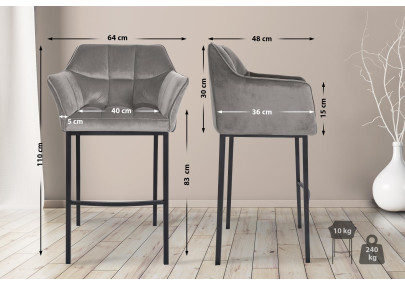 Tabouret de bar Damaso B en velours gris, piètement à 4 pieds.