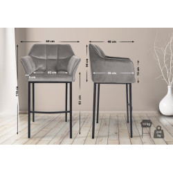 Tabouret de bar Damaso B en velours avec piètement à 4 pieds gris