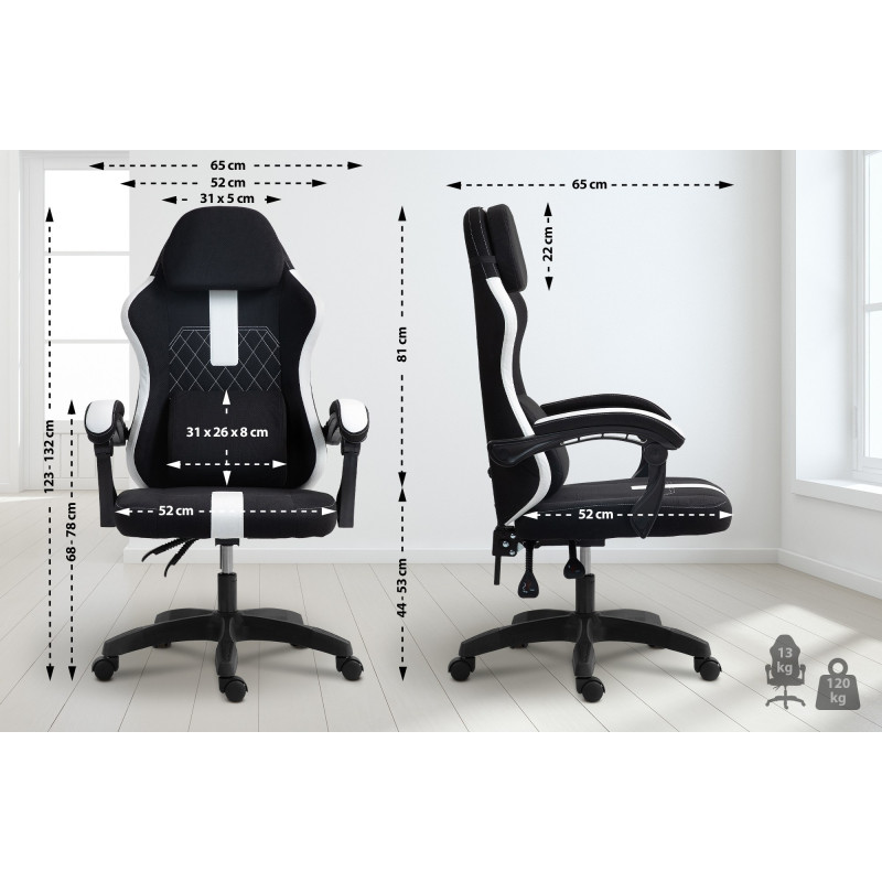 Chaise de bureau Miltona, tissu, noir et blanc