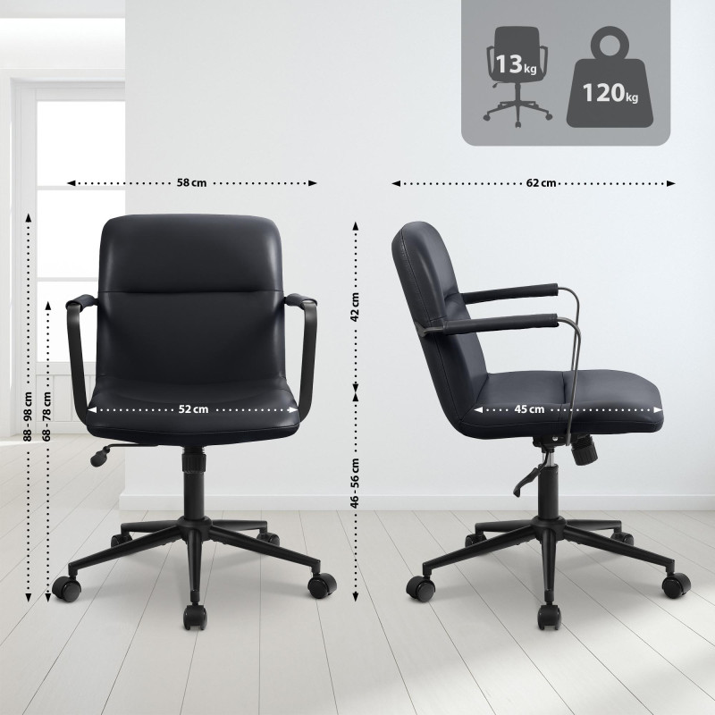 Fauteuil de bureau Hilda, cuir véritable, noir