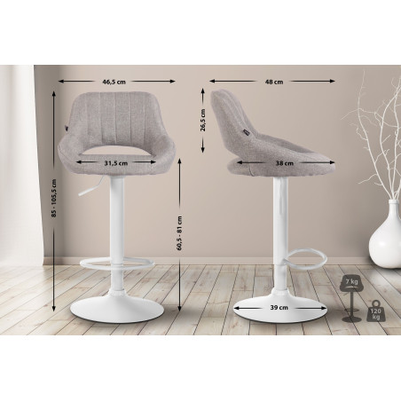 Tabouret de bar Milet, tissu blanc gris