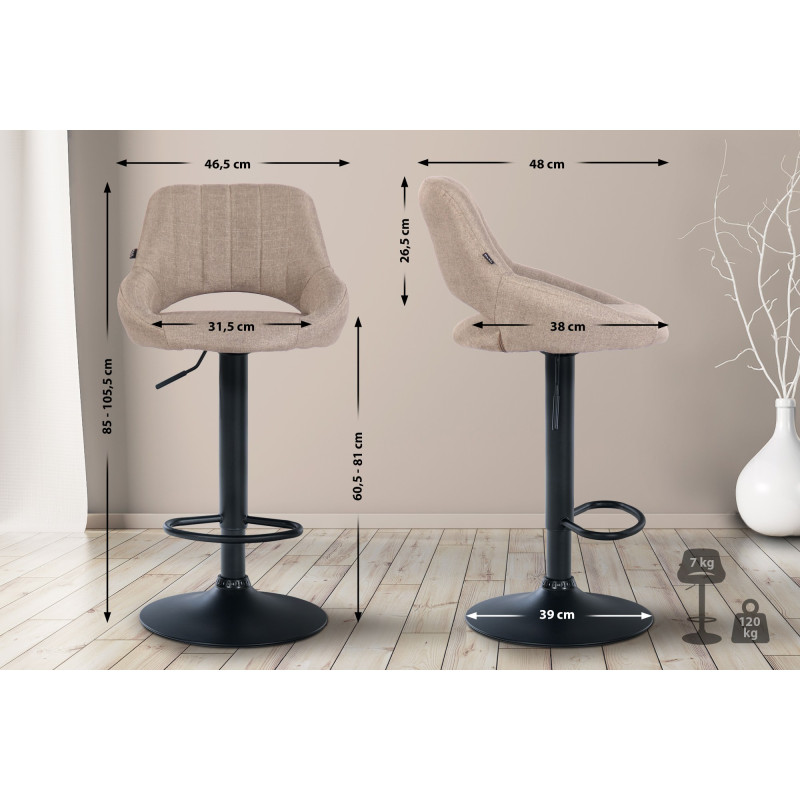 Tabouret de bar Milet, tissu noir taupe