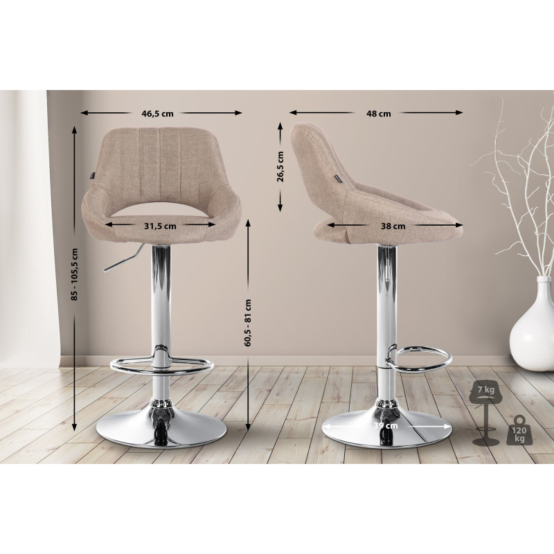 Tabouret de bar Milet, tissu, chrome taupe