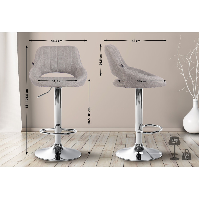 Tabouret de bar Milet, tissu, chrome gris