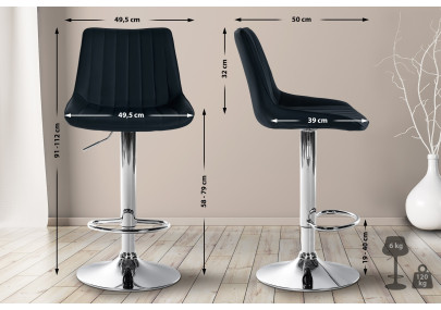 Tabouret de bar Toni, similicuir, chromé, noir