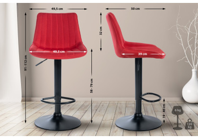 Tabouret de bar Toni, tissu noir et rouge