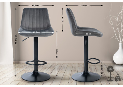 Tabouret de bar Toni, velours, noir/gris foncé