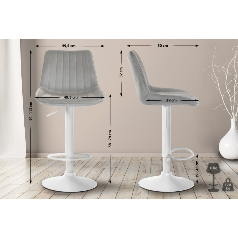 Tabouret de bar Toni en velours blanc gris