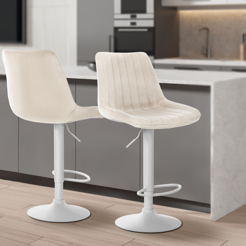 Tabouret de bar Toni en velours, blanc/crème