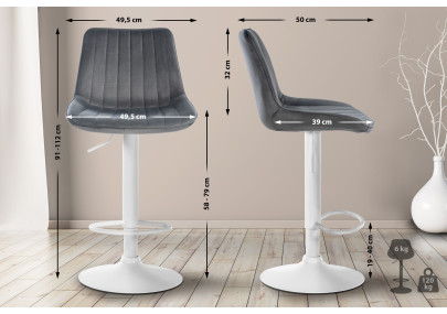 Tabouret de bar Toni, velours, blanc/gris foncé