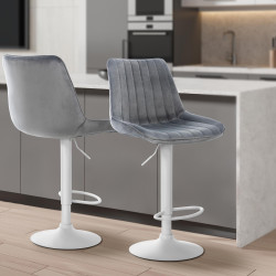 Tabouret de bar Toni en velours blanc gris foncé