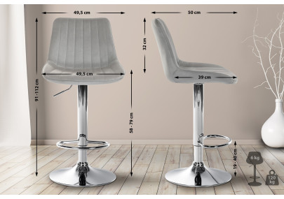 Tabouret de bar Toni, velours, gris chromé