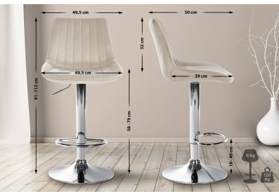 Tabouret de bar Toni en velours, chrome et crème