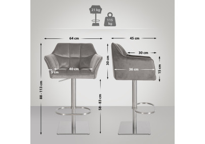 Tabouret de bar Damaso E, velours gris