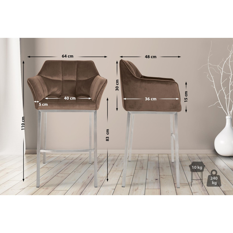 Tabouret de bar Damaso E en velours avec piètement à 4 pieds brun