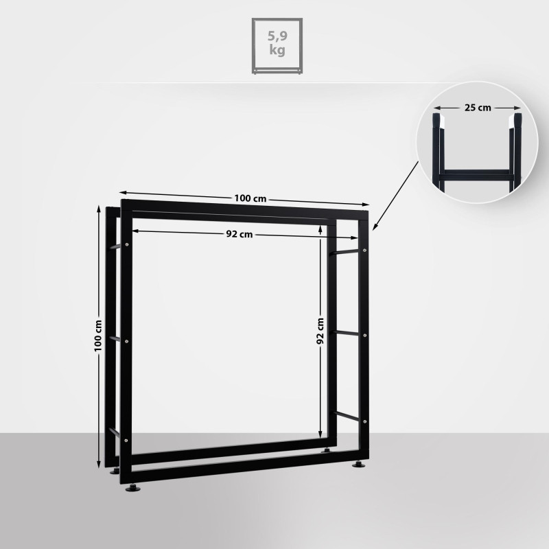 Esclusivo portalegna KERI V2 in metallo nero,25x100x100 cm